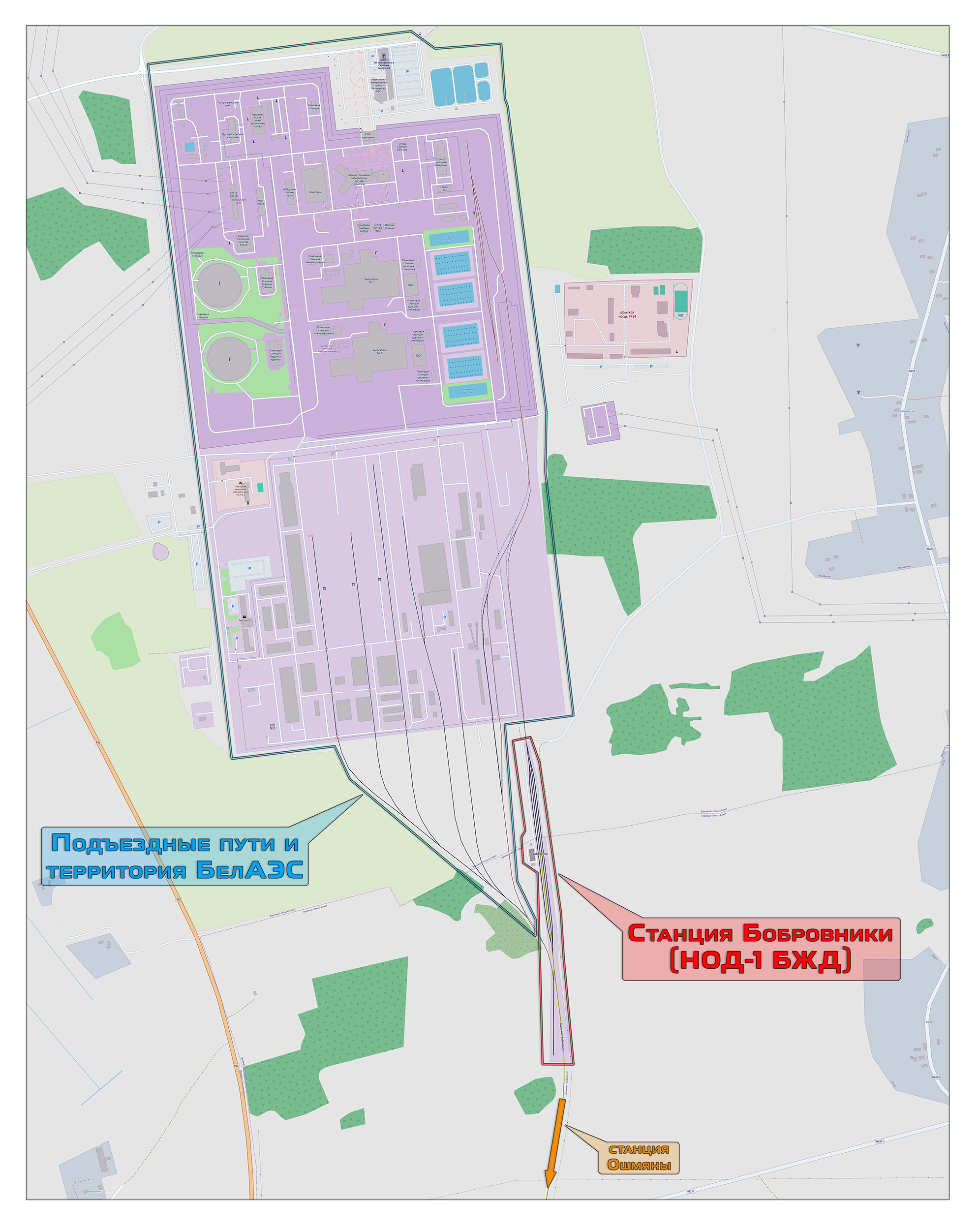 Схема расположения станции Бобровники и подъездных путей БелАЭС